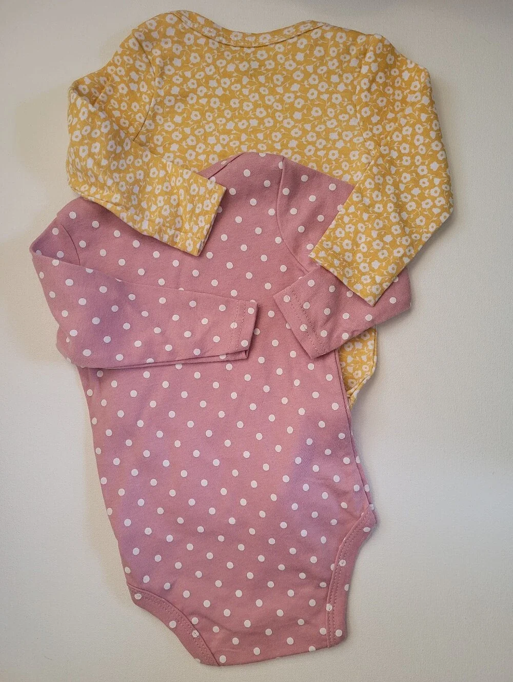 3-6m Long-Sleeve Pink Polka Dot And Yellow Floral Bodysuits - NWOT
